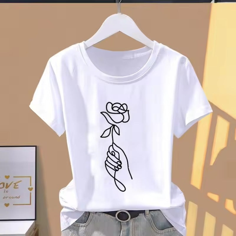 Women's Retro Printed Solid Color Round Neck Short Sleeves