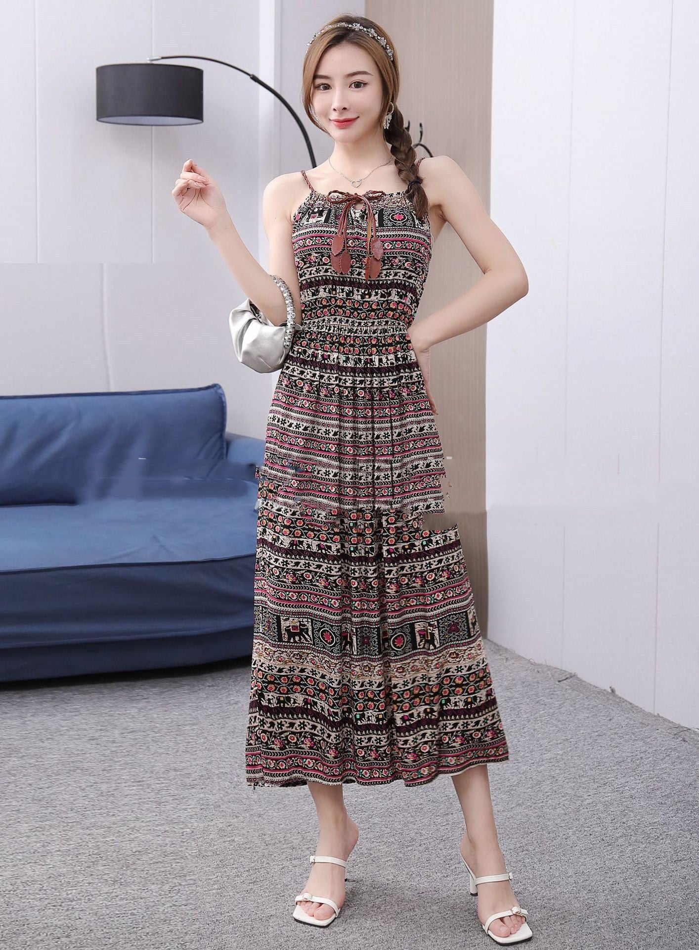 Ethnic Style Dress Women's Cotton Silk Belt Beach Dress With Suspenders