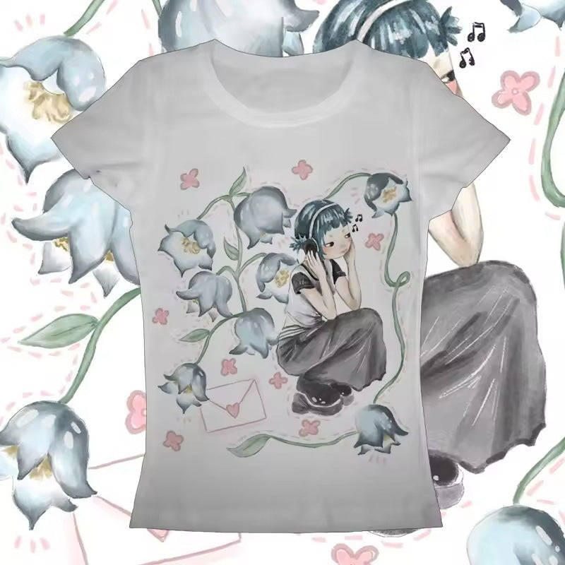 Women's Retro Printed Solid Color Round Neck Short Sleeves