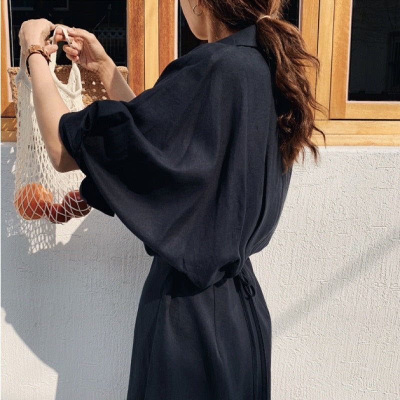 Loose Slimming Shirt Long Skirt Over The Knee French Retro Cotton Linen Dress