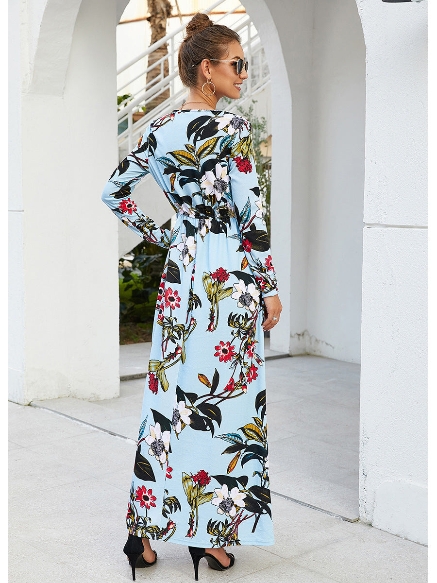 Printed Round Neck Long Sleeve Pocket Waist Dress