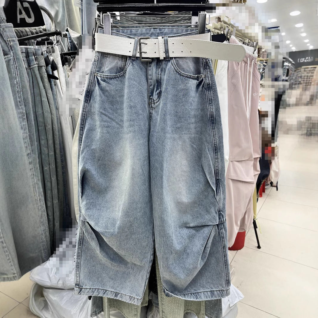 Loose Slimming Washed-out Vintage Blue Banana Pants Pinch Pleated Design Sense Matchet Pants