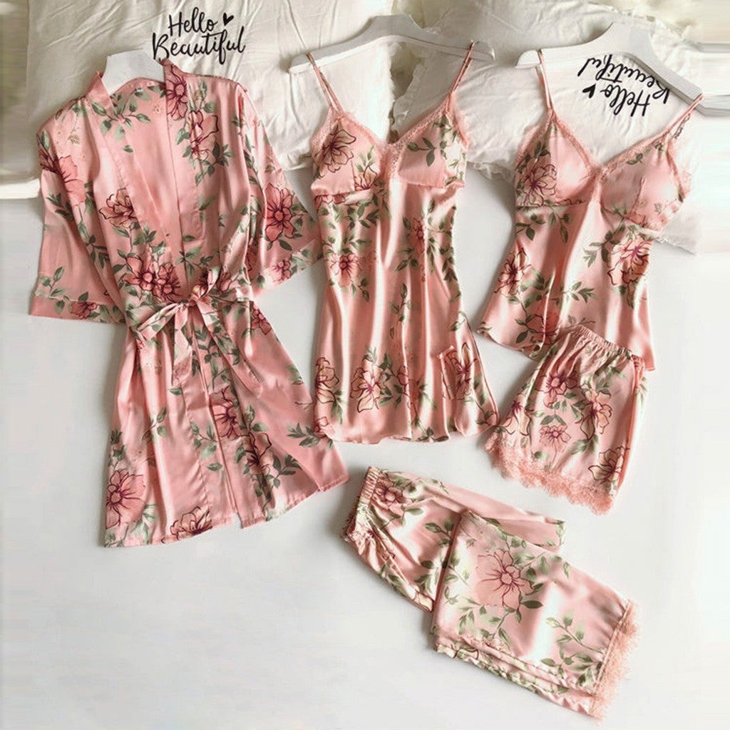 Pajamas Printed Women's Imitation Sling Sleeping Loose Comfortable Lace Five-piece Set - BabynBeauty