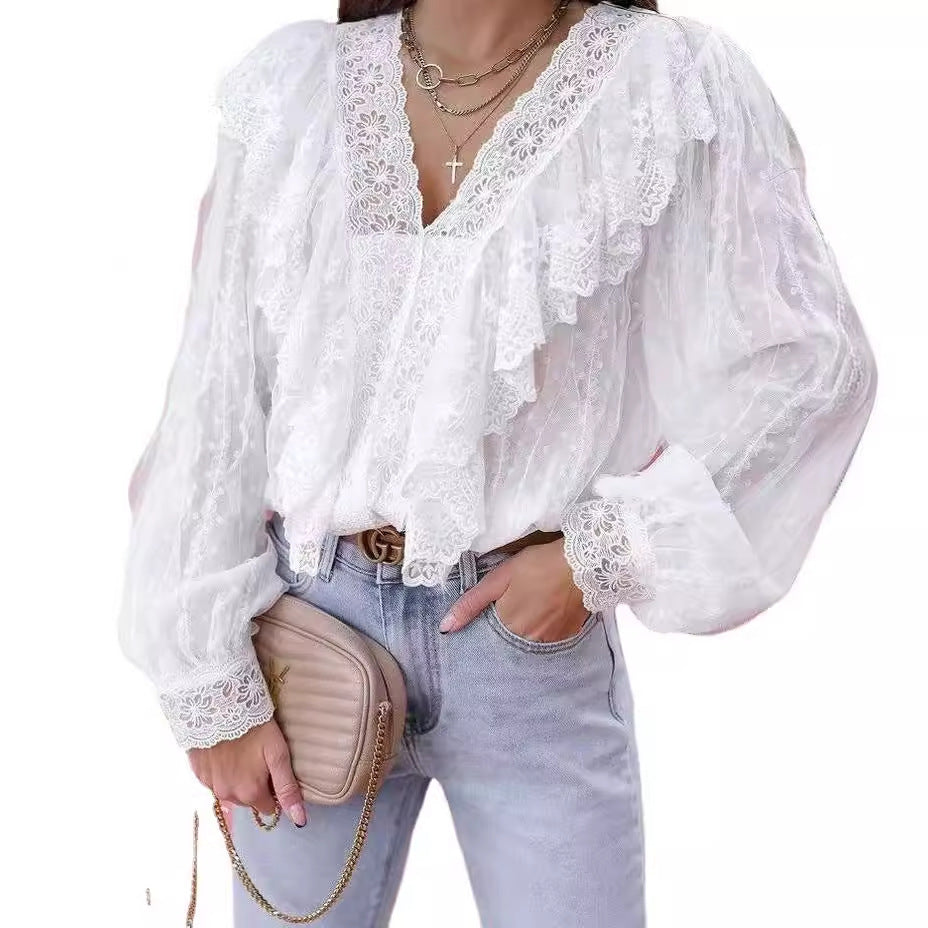 Women's Lace V-neck Patchwork Ruffled Shirt