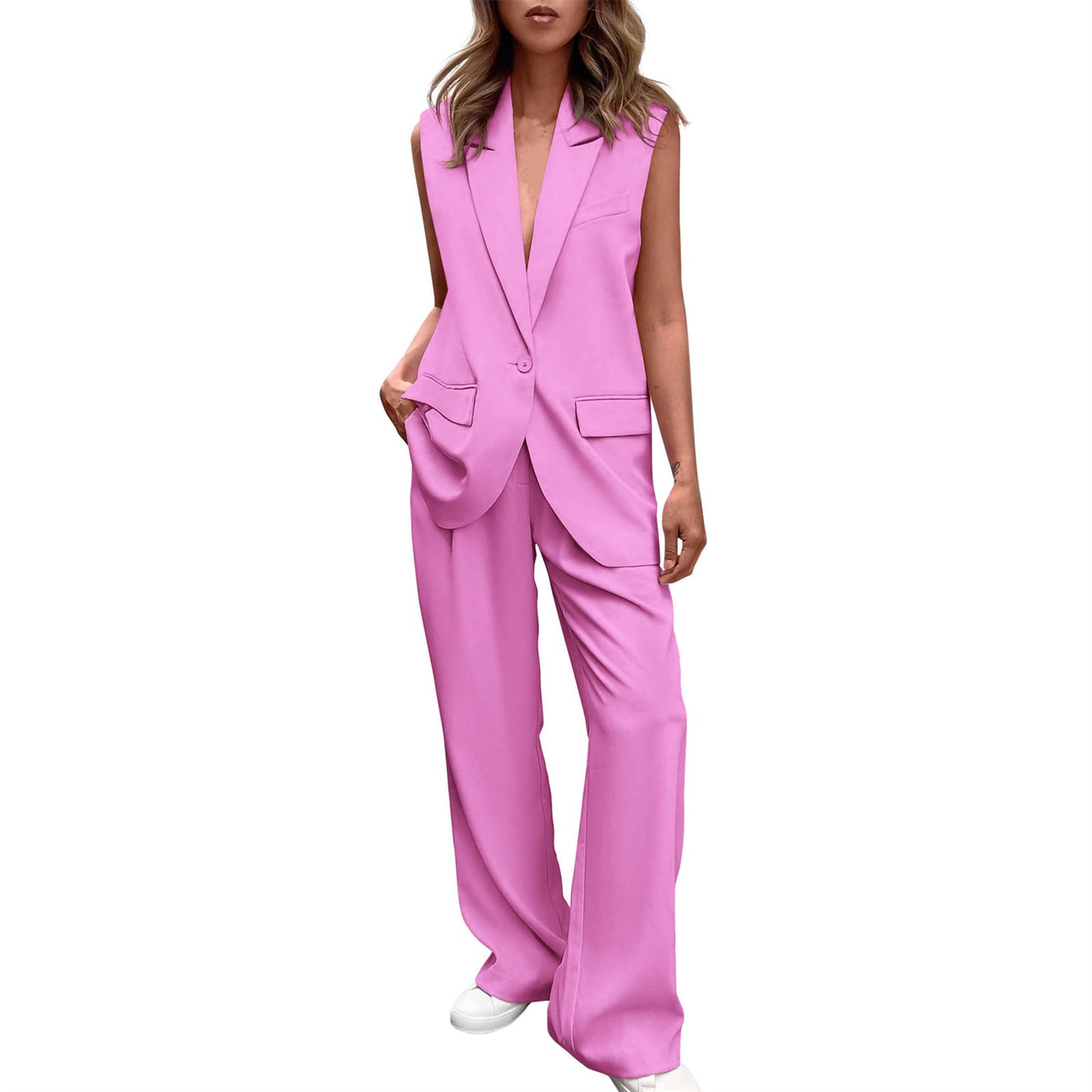 Women's Fashion Sleeveless Small Suit Straight-leg Trousers Suit - BabynBeauty