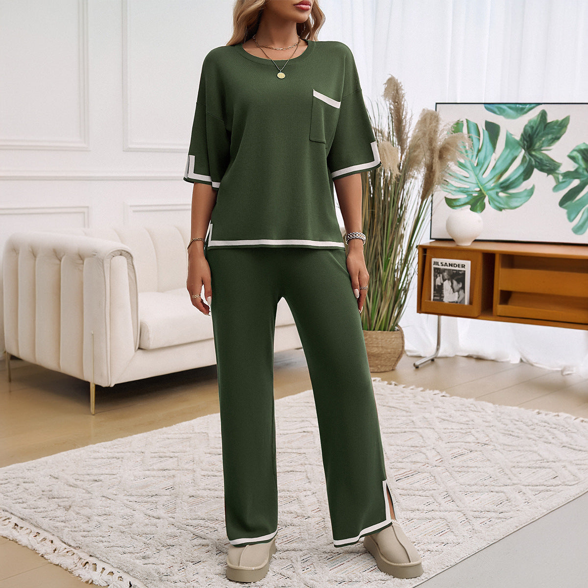 Lady Temperament Commuter Contrast Color Short Sleeve Trousers Suit - BabynBeauty