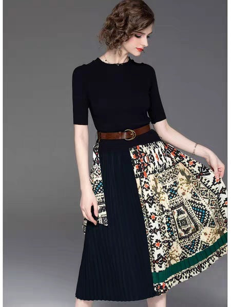 Round neck high waist fashion mid-sleeved dress