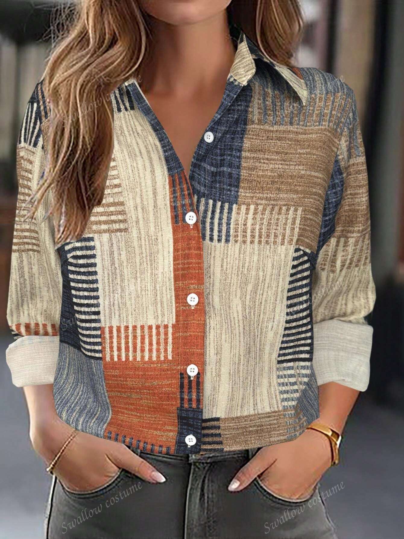 Color Block Button Print Long Sleeve Casual Retro Shirt