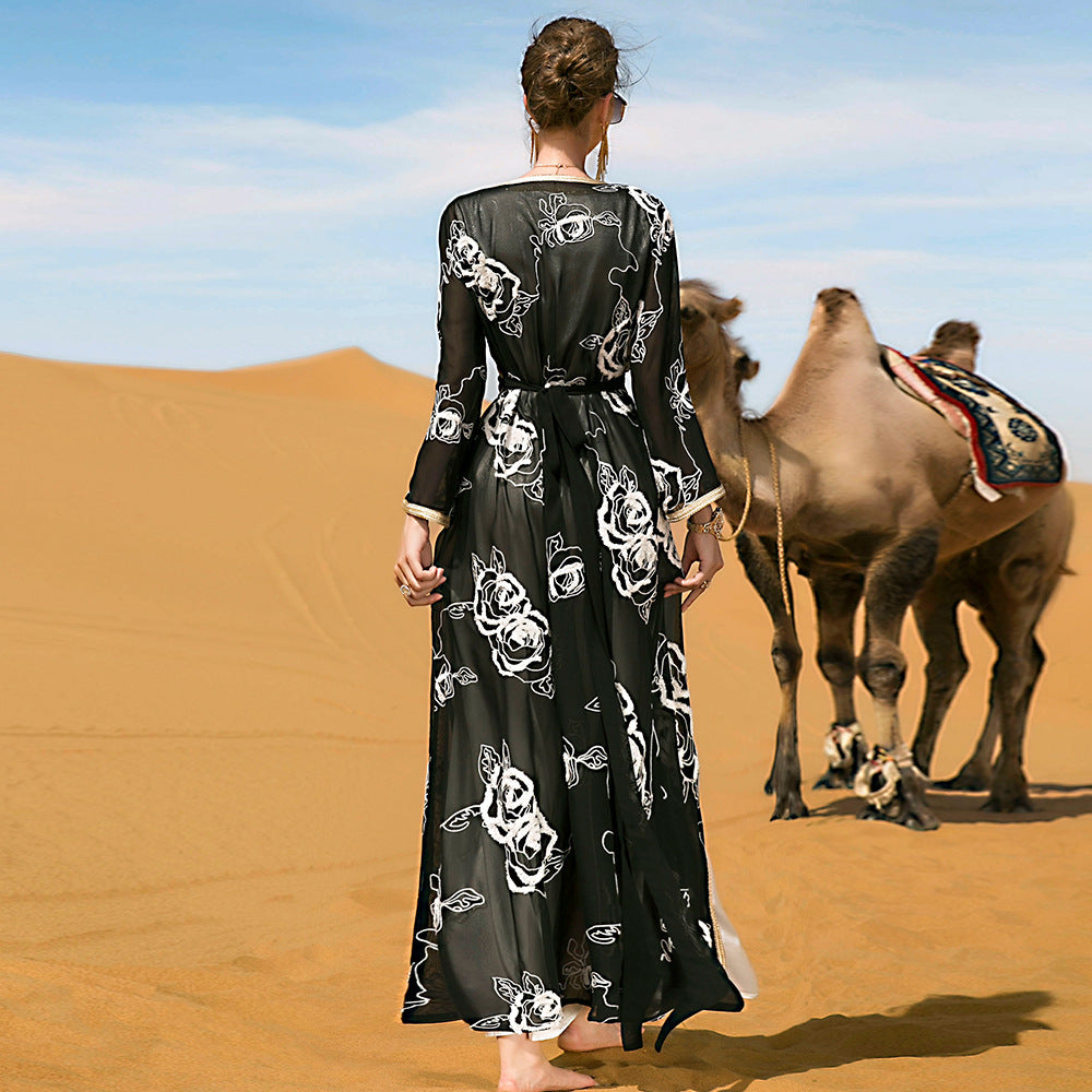 Black And White Flower Embroidery Two-piece Ladies Long With Belt Ethnic Style Dress