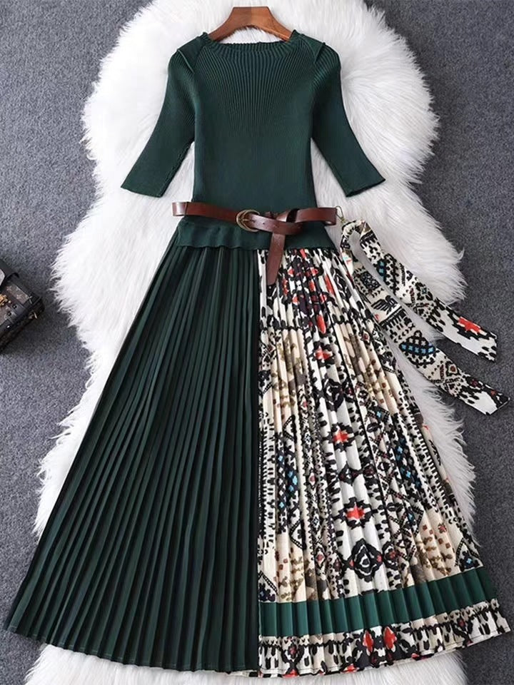 Round neck high waist fashion mid-sleeved dress