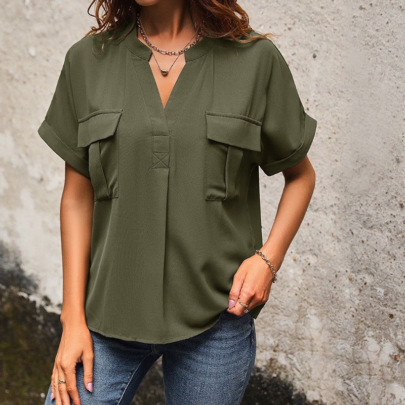 Women's European And American Solid Color And V-neck Pocket Elegant Shirt - BabynBeauty