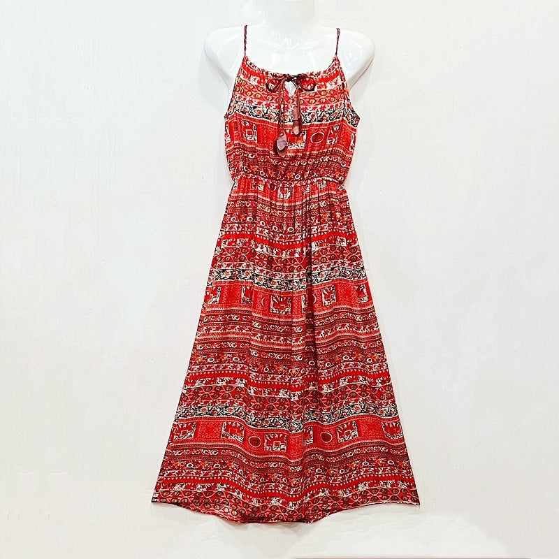 Ethnic Style Dress Women's Cotton Silk Belt Beach Dress With Suspenders