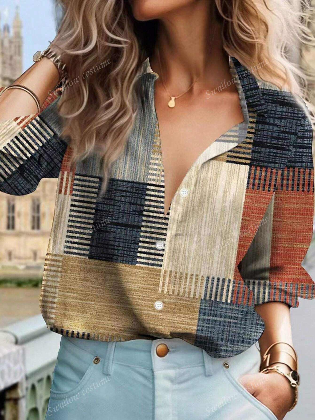 Color Block Button Print Long Sleeve Casual Retro Shirt