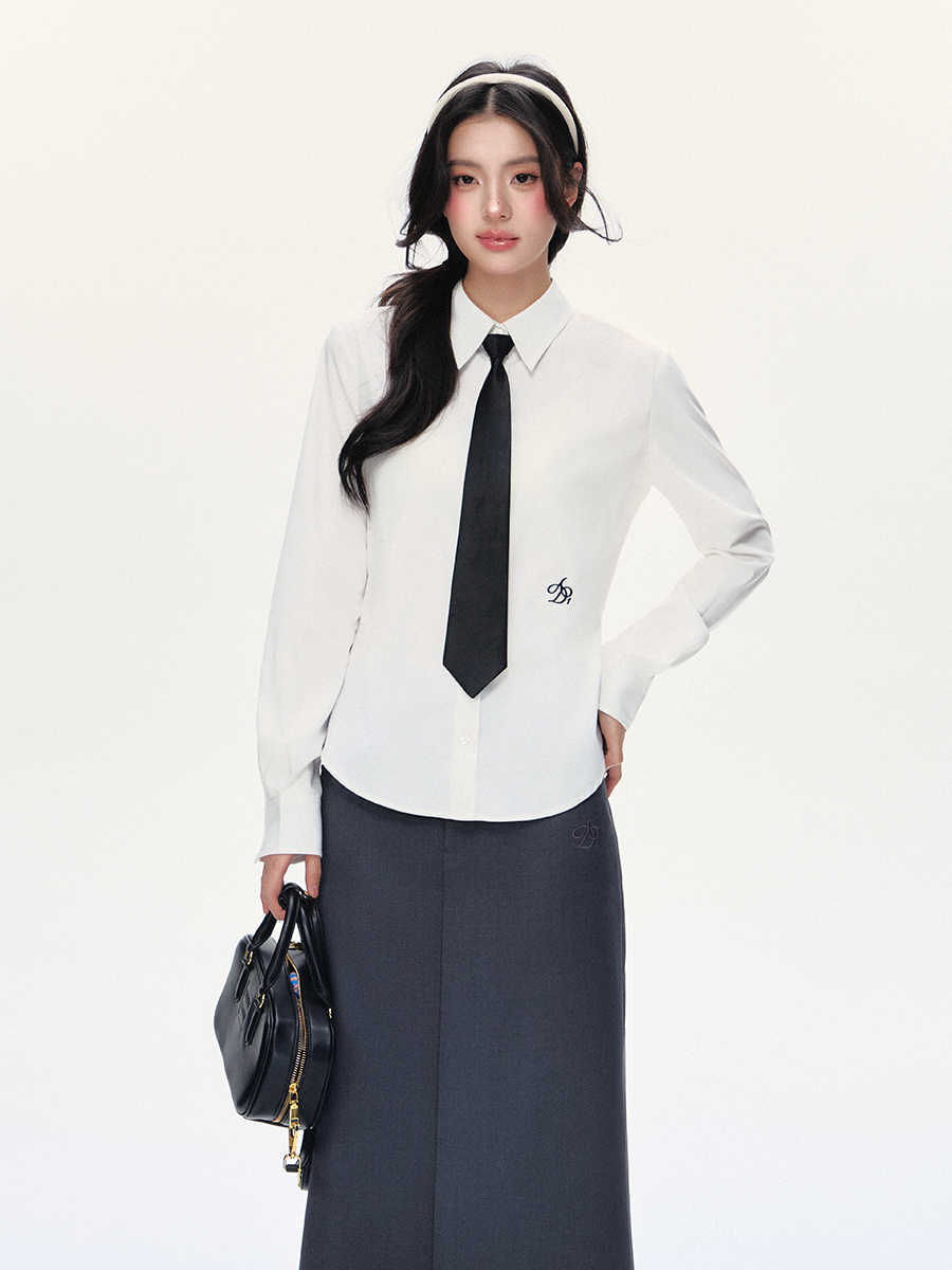 College Style Long Sleeve Shirt Waist-tight Simple Top