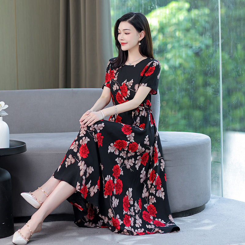 Women's Noil Poplin Dress Ethnic Style Summer Artificial Cotton Slim Fit Large Swing Skirt Short Sleeve