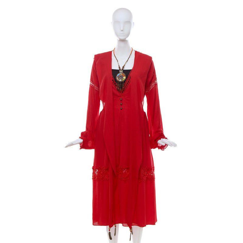 Cotton And Linen Ethnic Style Retro Red Dress