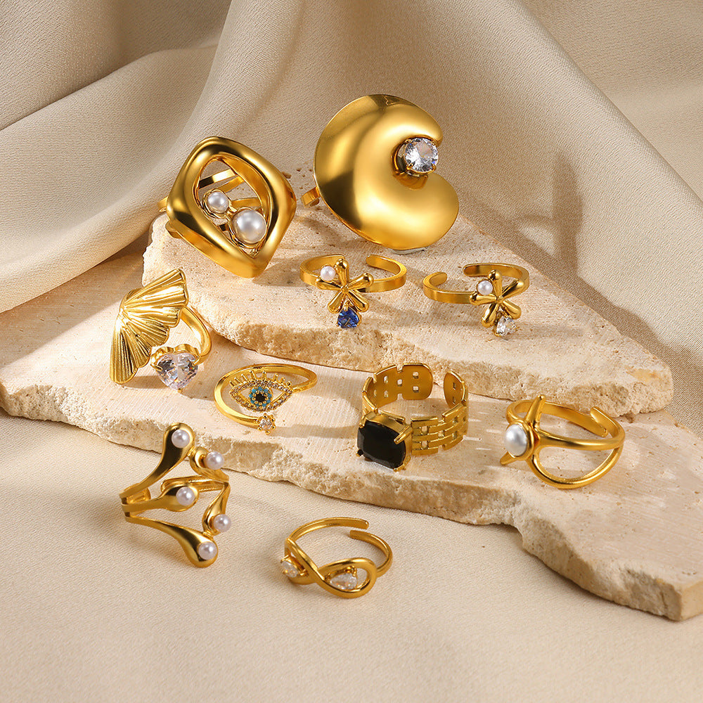 Stainless Steel Golden Pearl Ring Shaped Exaggerated