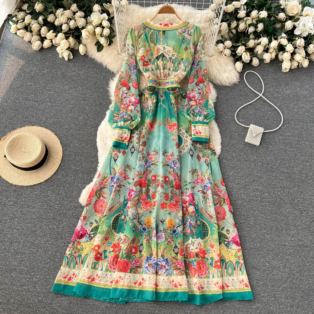 Ethnic Retro Deep V Neck Lantern Sleeve Print Dress