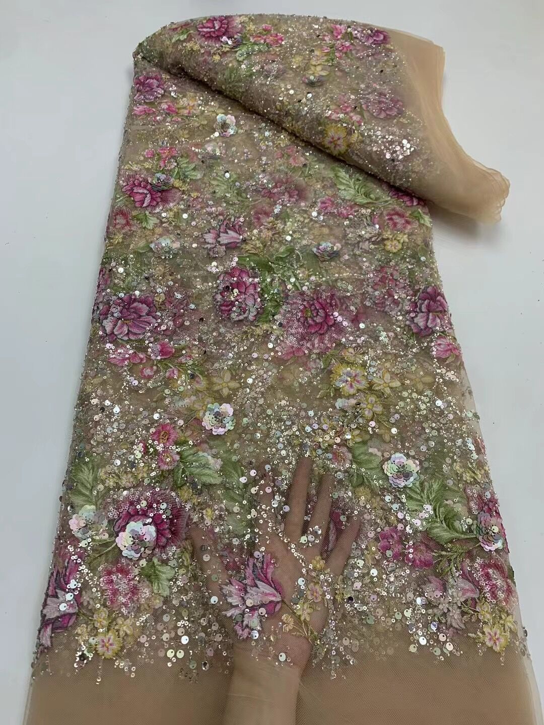 Ethnic Red Rose Flower Embroidery Fabrics High-end Beads Sequin Embroidered Cloth Xiuhe Cheongsam Wedding Dress Lei