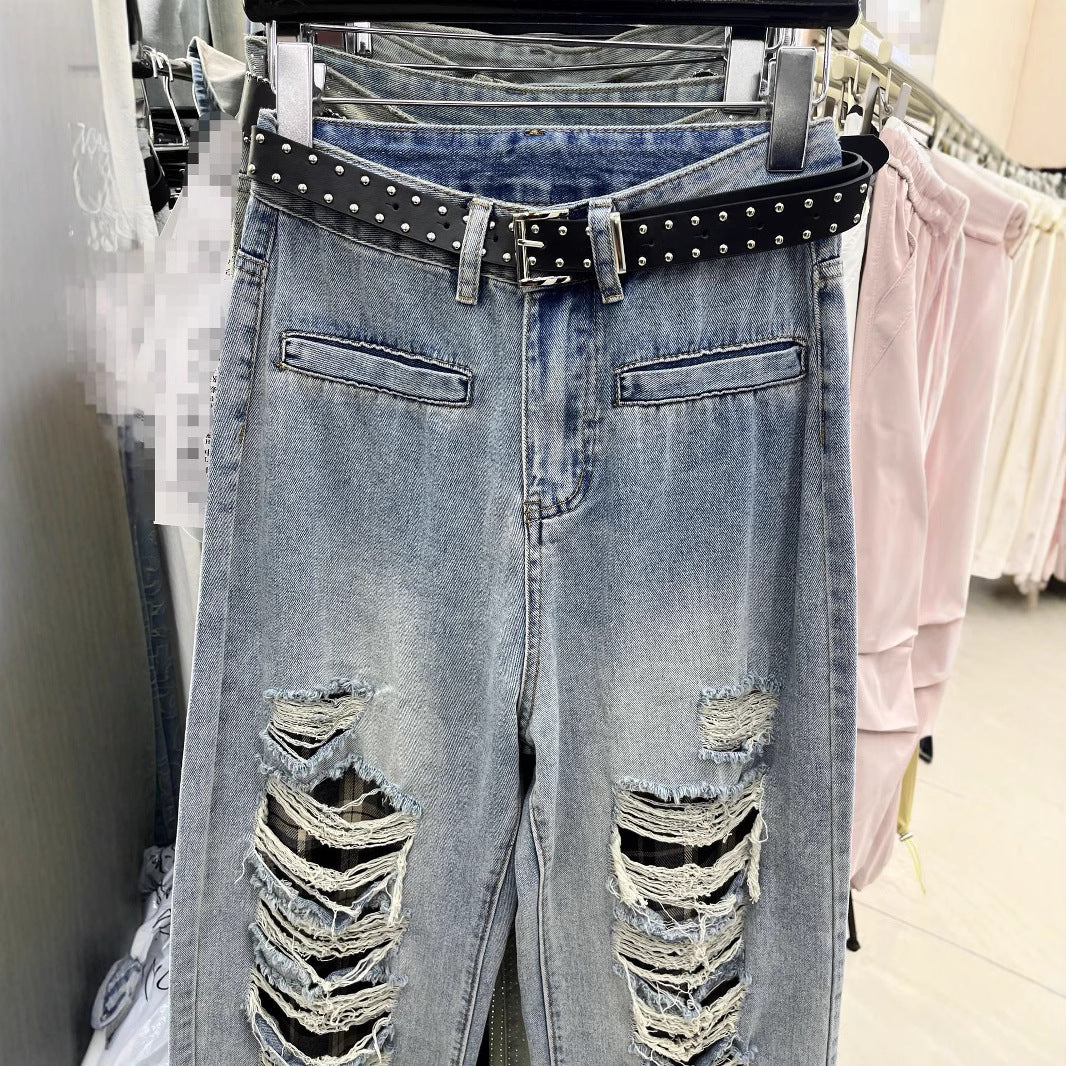 Blue With Holes Design Straight Jeans