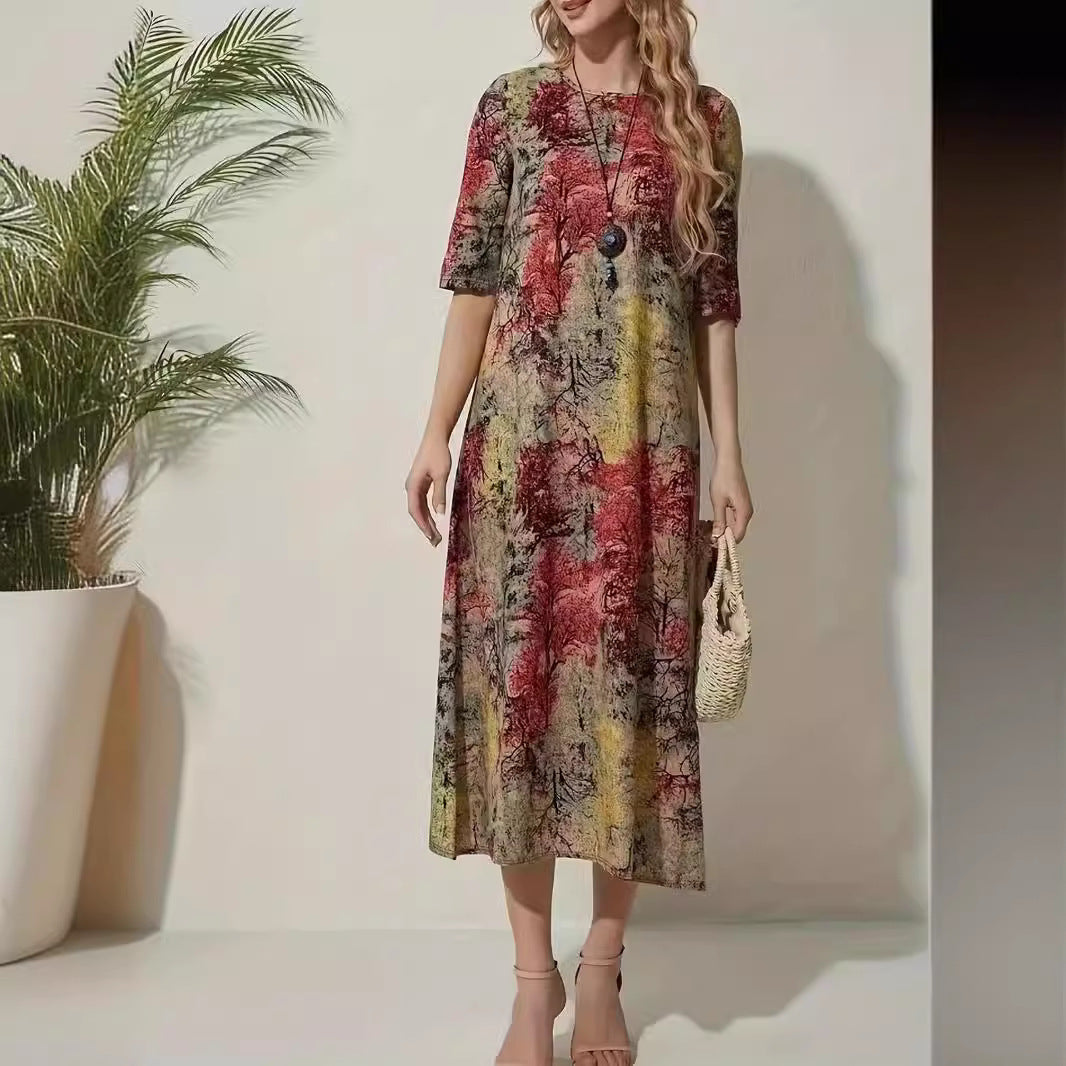 Ethnic Style Round Neck Printed Casual Dress - BabynBeauty