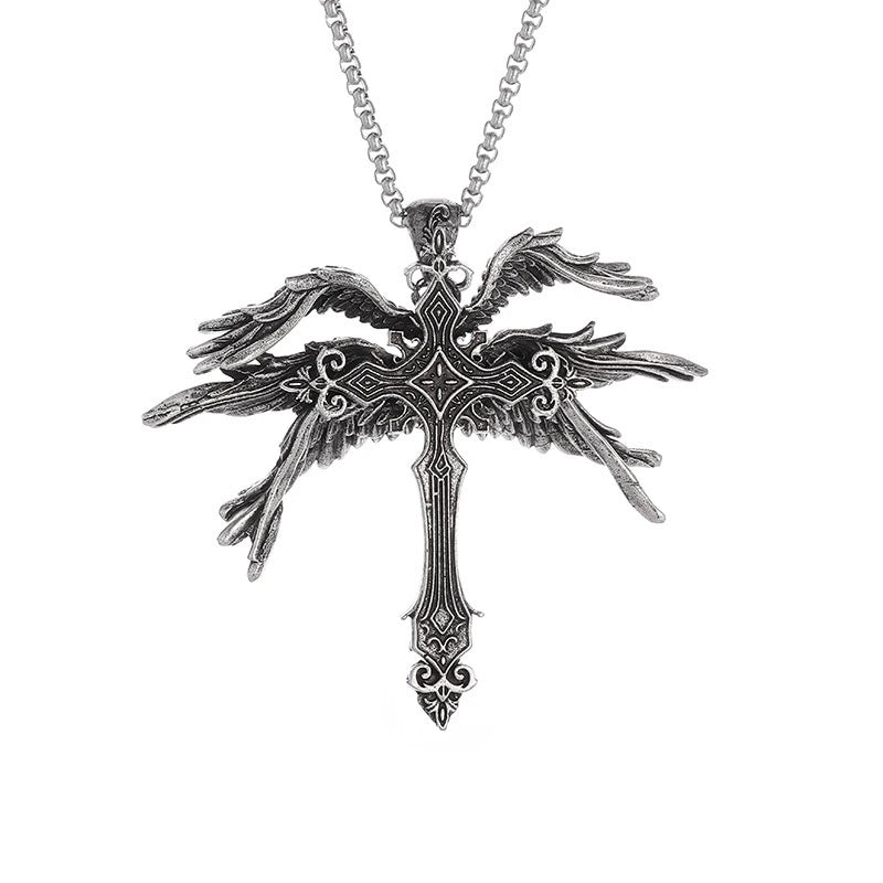 Vintage Silver Six Winged Angel Wings Cross Pendant Necklace - BabynBeauty