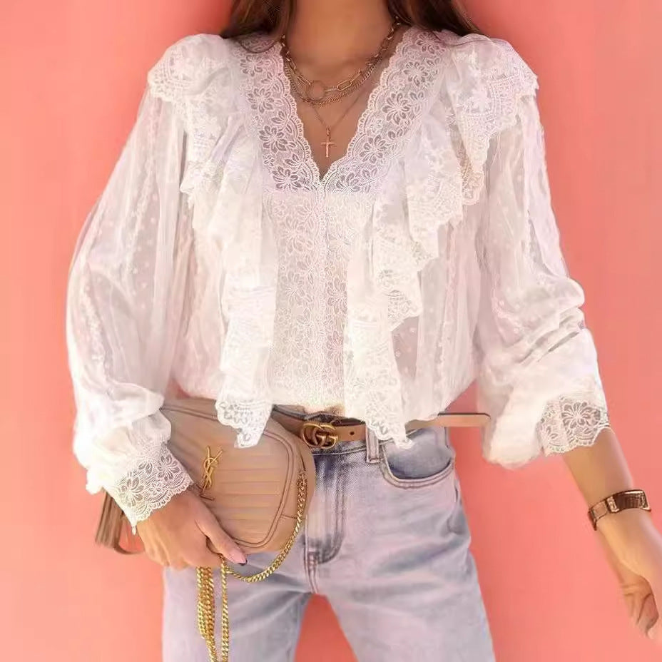 Women's Lace V-neck Patchwork Ruffled Shirt