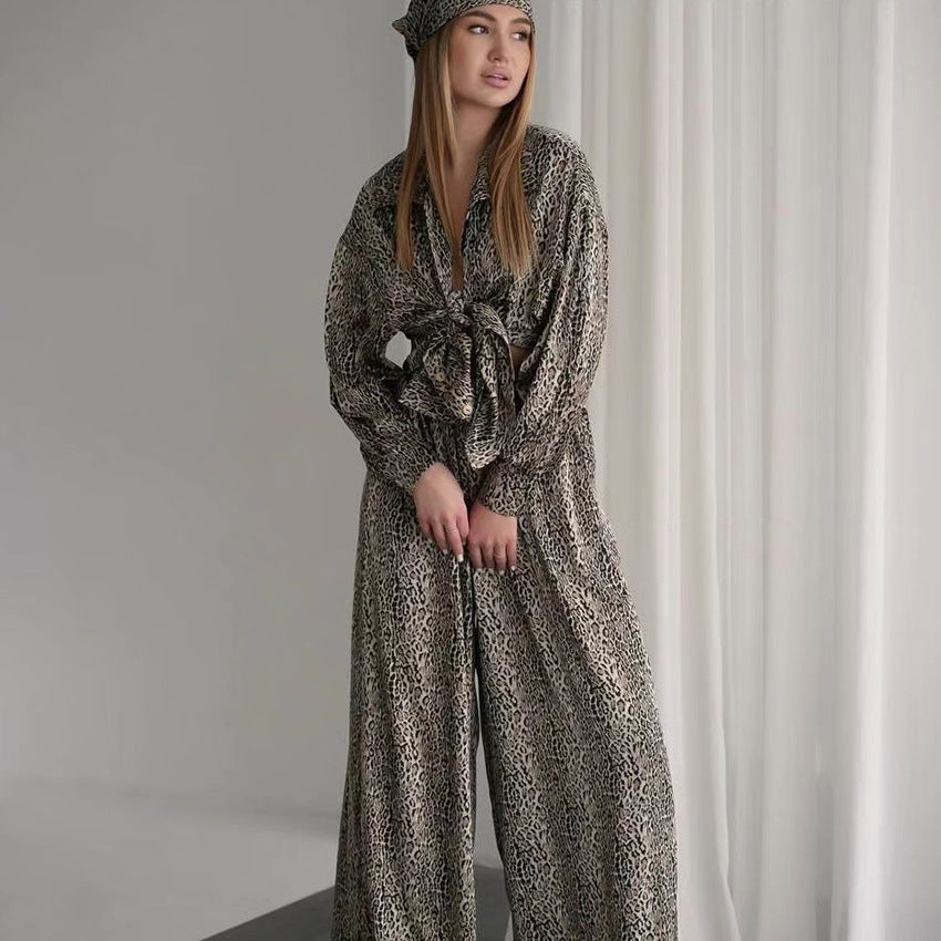 Fashionable Leopard Print Loose Ice Silk Pajamas For Women