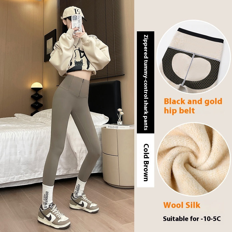 Belly-controlling Butt Lifting Leggings With Three-breasted Design Winter High Waist Slim Zippere Pants Warm Velvet And Thickened Trousers Women Clothing - BabynBeauty