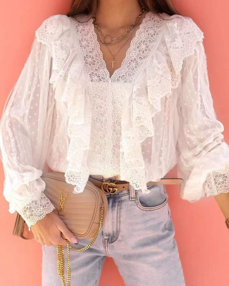 Women's Lace V-neck Patchwork Ruffled Shirt
