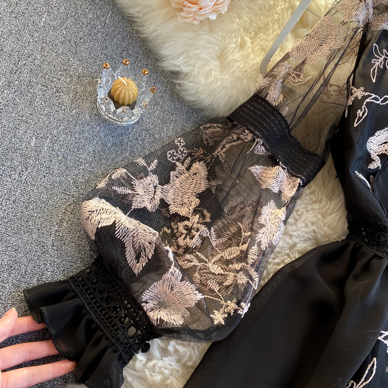 Heavy Industry Embroidered Flowers Ostrich Fur Lace Dress - BabynBeauty