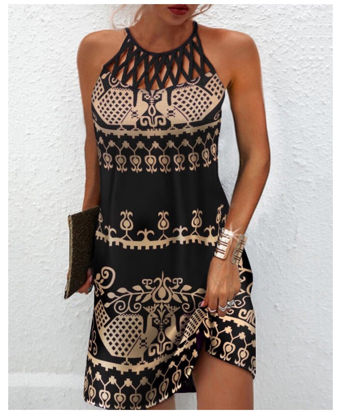 Female Ethnic Style Printed Mesh Sleeveless Casual Dress - BabynBeauty