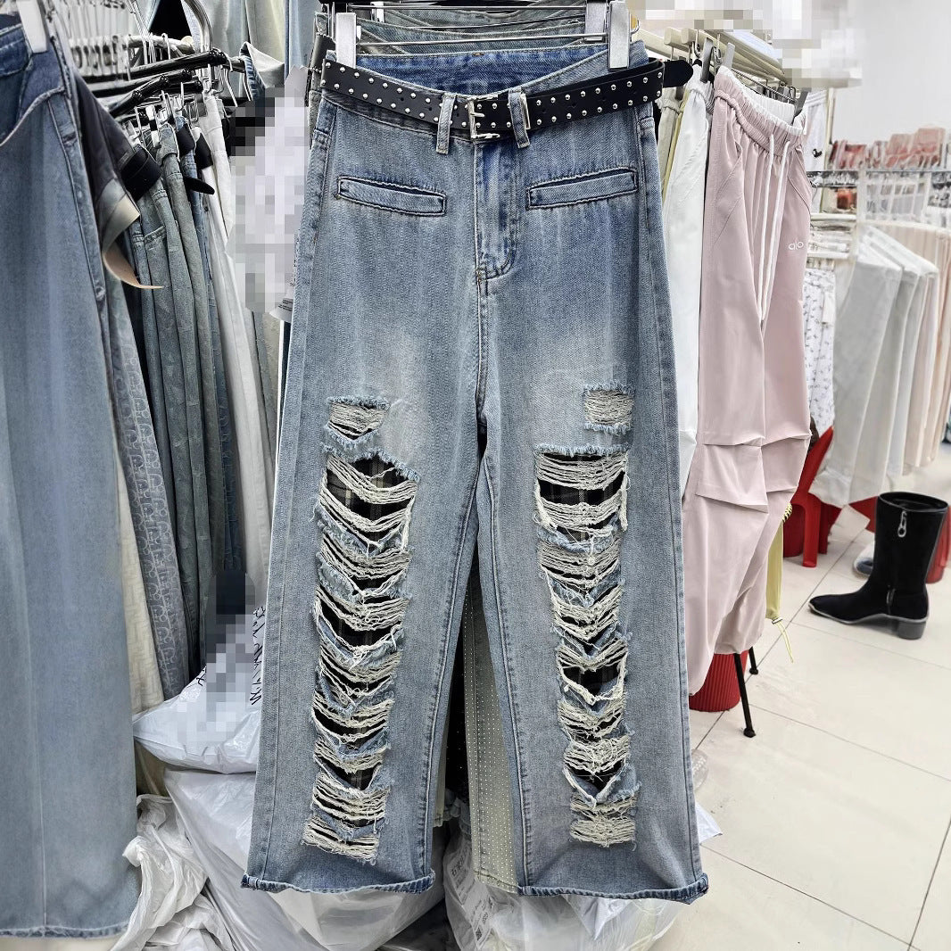 Blue With Holes Design Straight Jeans