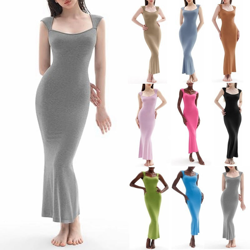 Square Collar Cap Sleeve Tight Fishtail Extra Long Dress Women