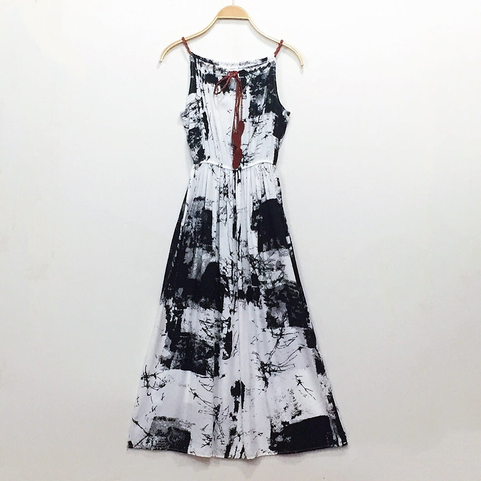 Ethnic Style Dress Women's Cotton Silk Belt Beach Dress With Suspenders