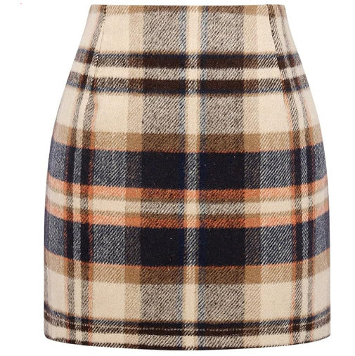 Women's High Waist Plaid Tight Pencil Wool Mini Skirt - BabynBeauty