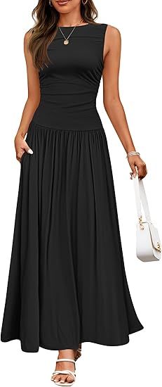 Women's Summer Sleeveless Maxi Dress Casual Round Neck Pleated Elegant Maxi Dress With Pockets