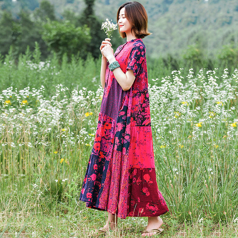 Summer Cotton Printed Ethnic Style Color Contrast Patchwork Pastoral Short Sleeve Dress - BabynBeauty