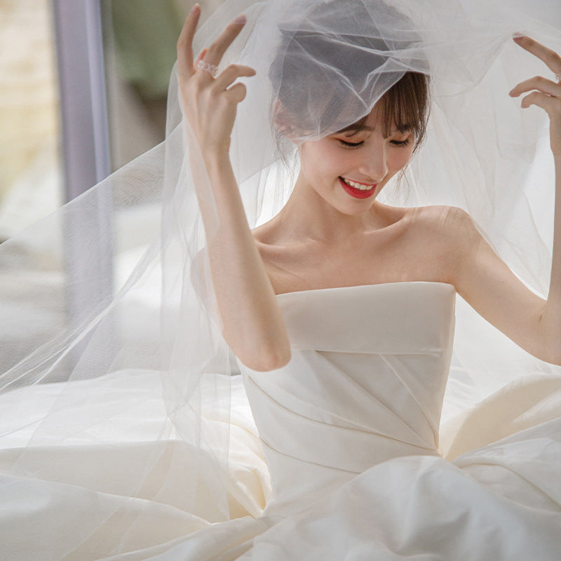 Women's Satin Tube Top Simple Elegant French Style Large Tail Elegant Wedding Dress - BabynBeauty