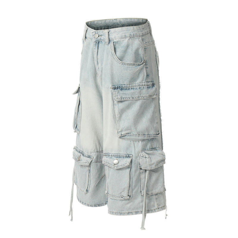 American Retro High Street Multi-pocket Worn Looking Washed-out Cargo Jeans