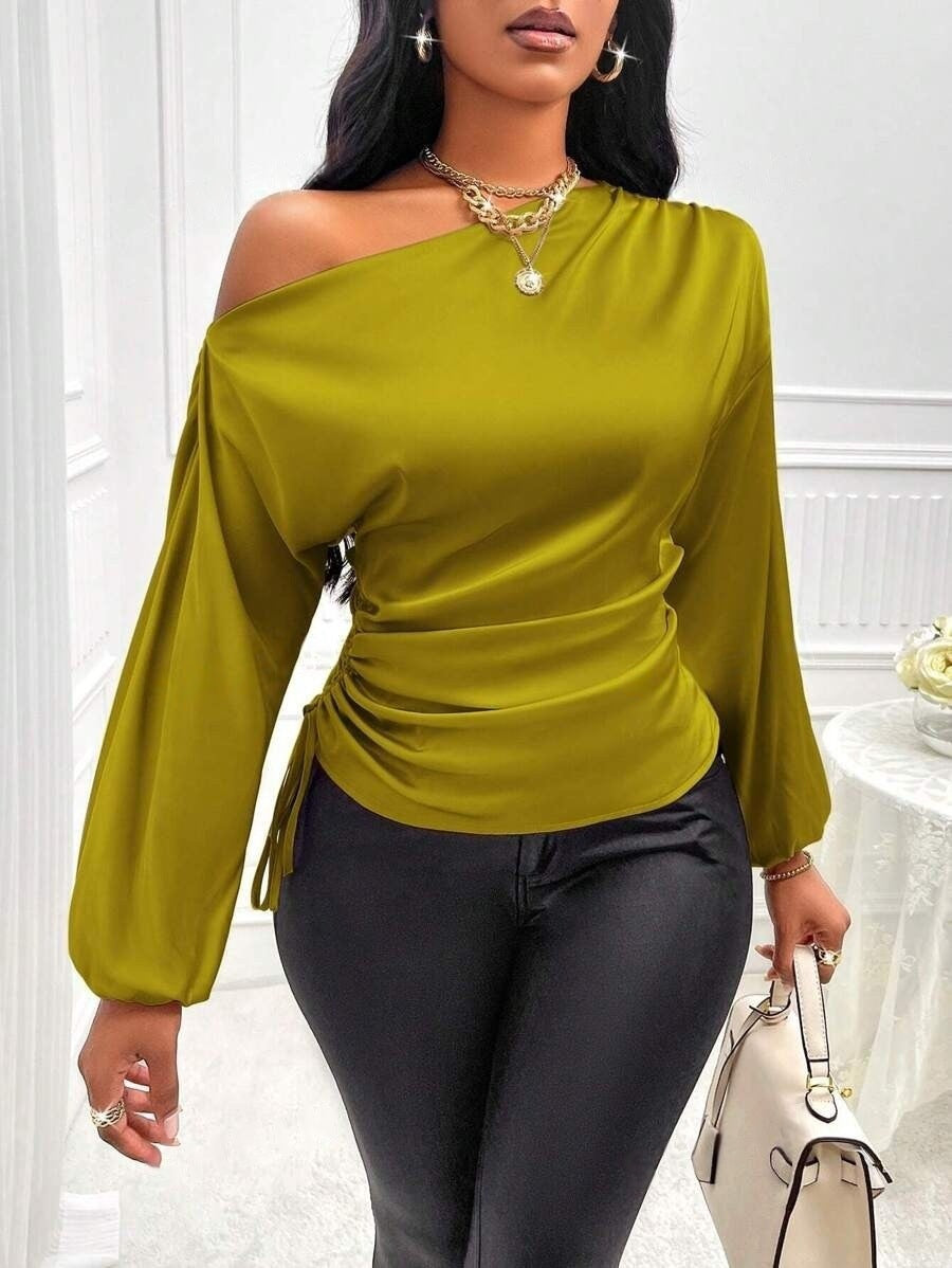 Women's Satin Shirt Asymmetric Long Sleeve Diagonal Collar Shirt Top
