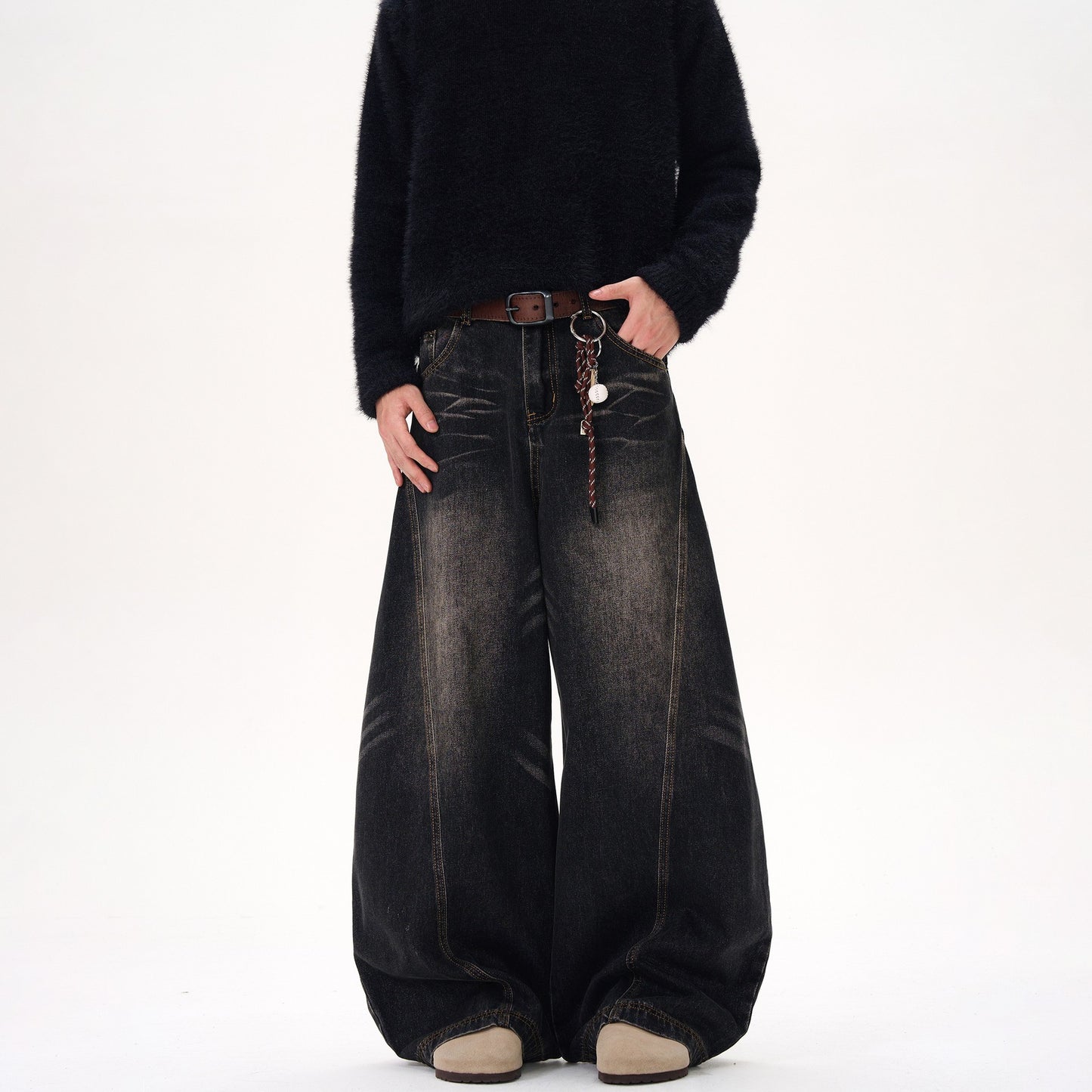 Retro Washed Cat Beard Design Black Machete Jeans