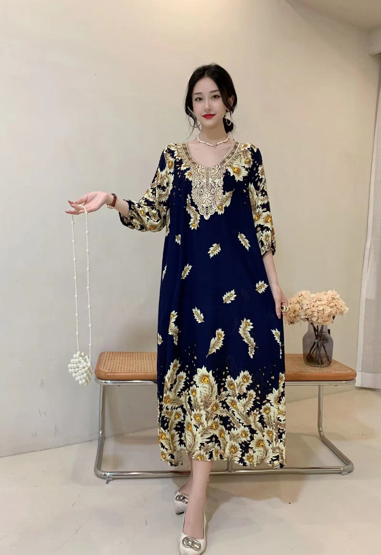 Women's Summer Ethnic Style Noil Poplin Dress