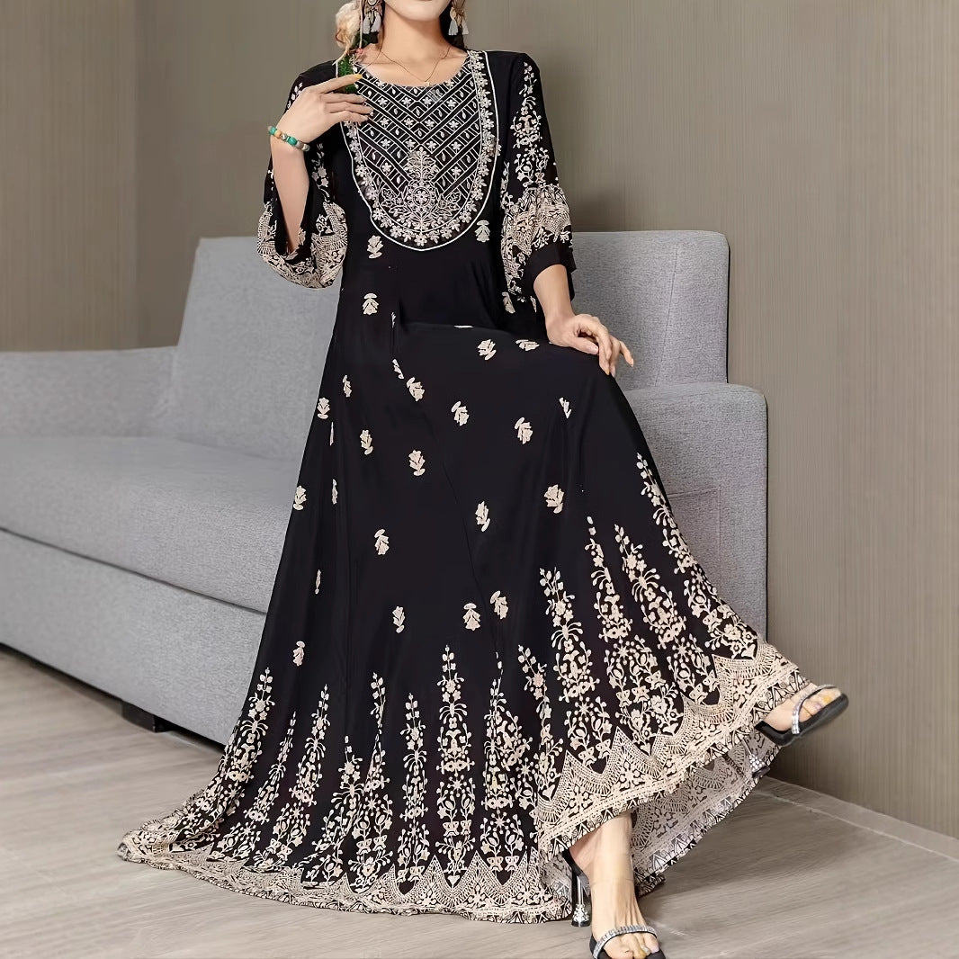 Ethnic Style Flower Printed Literary Retro Pine Casual Dress