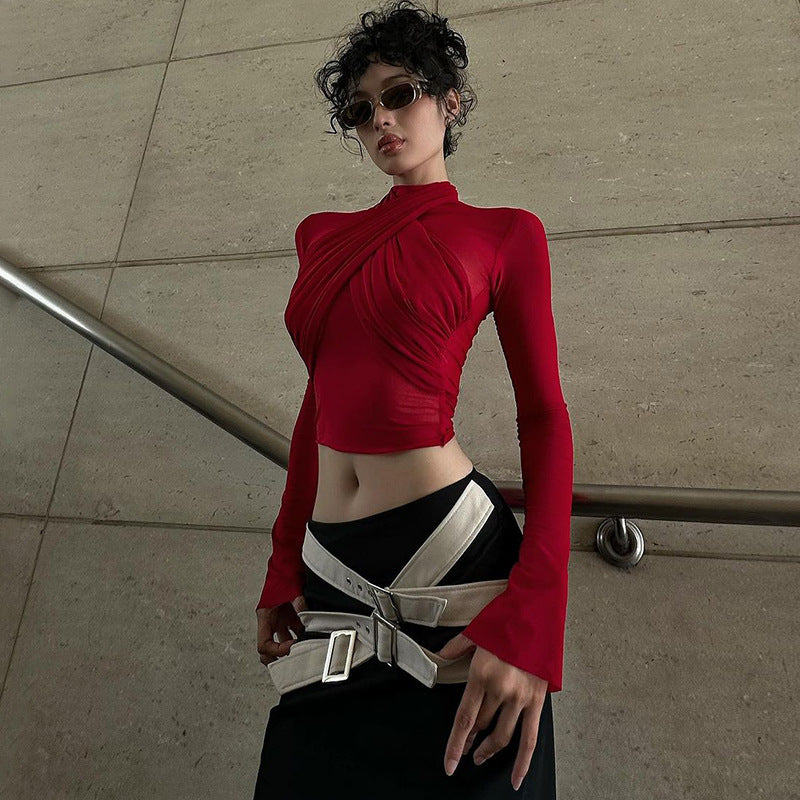 Fashion Tight Long Sleeve Tied Stitching Design Top