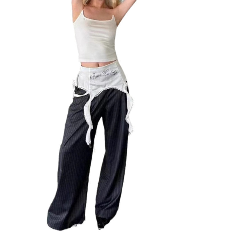 Spring And Autumn Stitching Lace Loose Slimming Draping Wide-leg Striped Suit Pants For Women