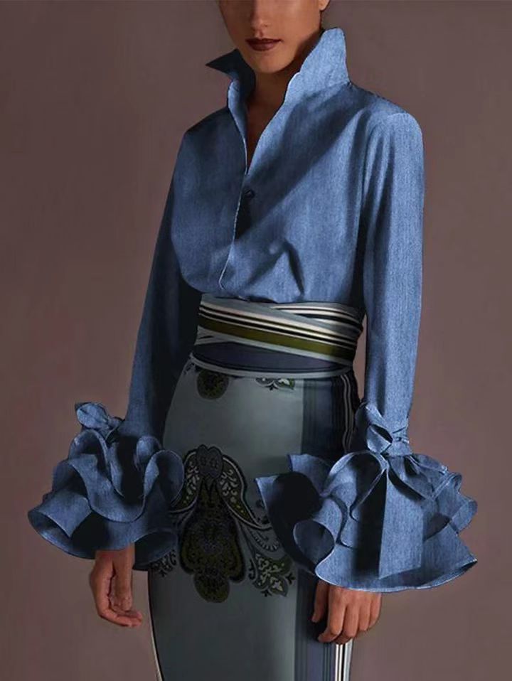 Women's Ruffled Flared Sleeve Pleated Long Sleeve Shirt - BabynBeauty