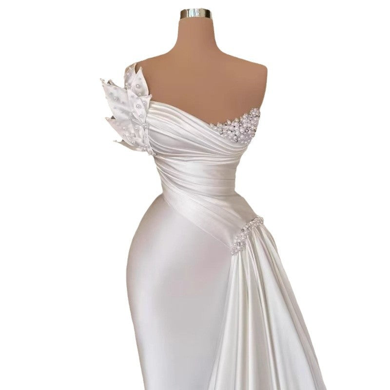 White Graceful Satin Simple Lightweight Wedding Dress Long Dress - BabynBeauty