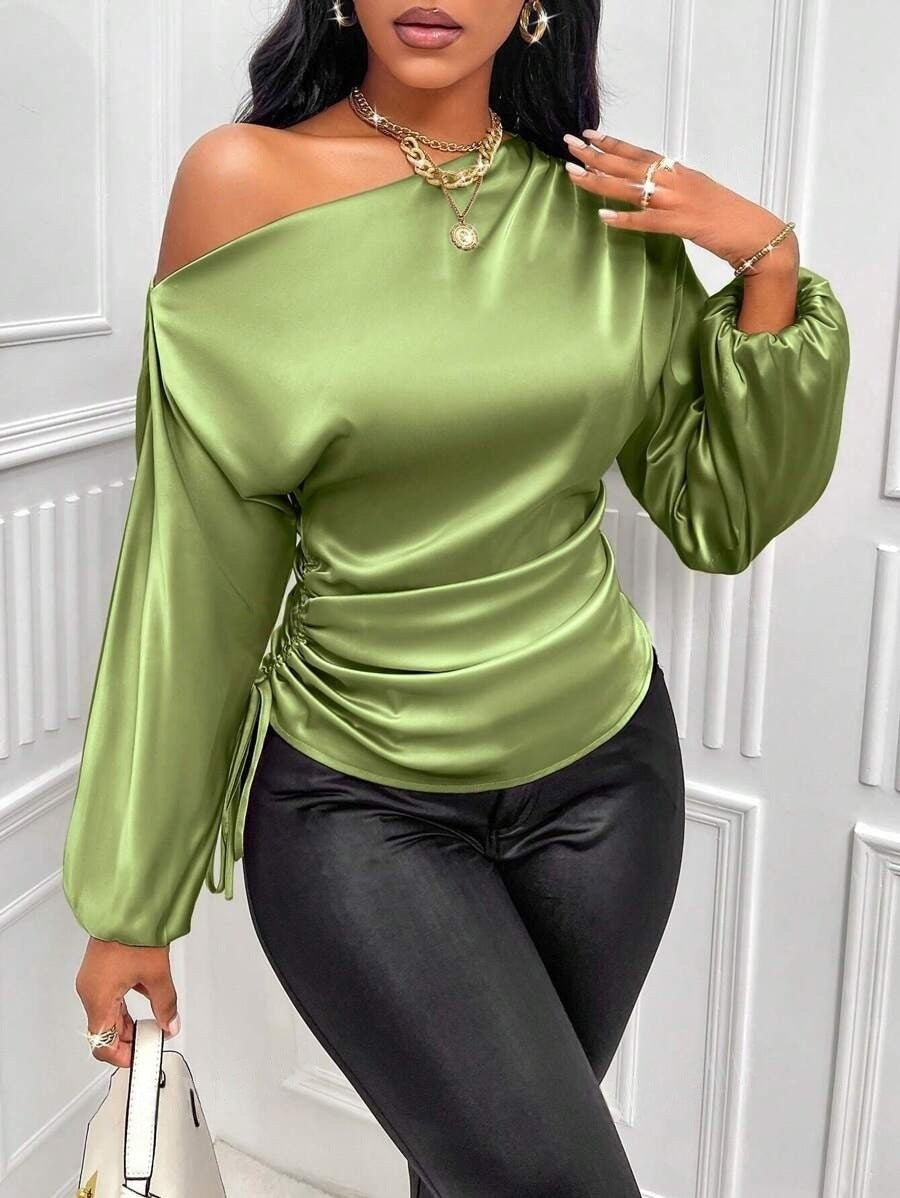Women's Satin Shirt Asymmetric Long Sleeve Diagonal Collar Shirt Top