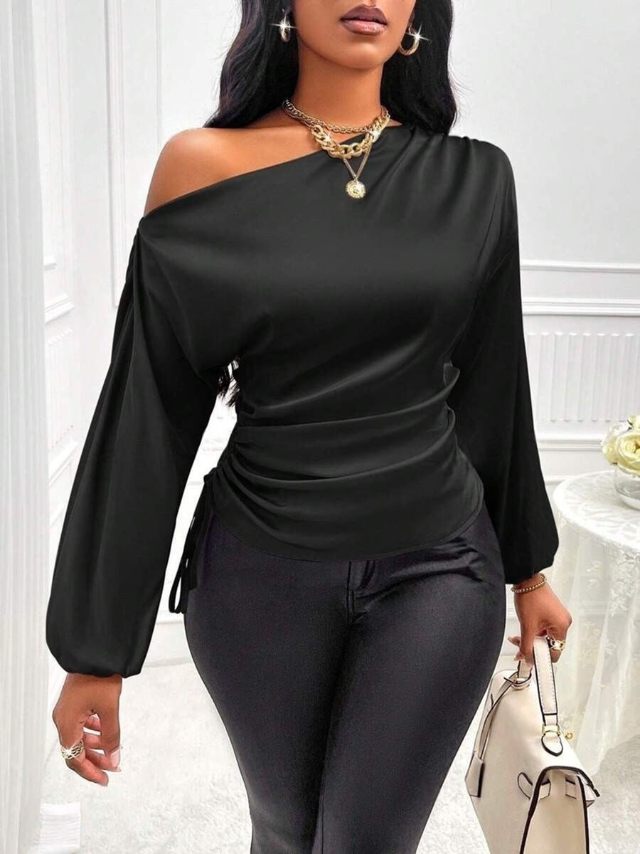 Women's Satin Shirt Asymmetric Long Sleeve Diagonal Collar Shirt Top
